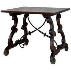 19th Century Spanish Side Table with Hand Carved Lyre Leg and Iron Stretcher