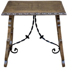 19th Century Spanish Side Table with Hand Carved Lyre Leg and Iron Stretcher