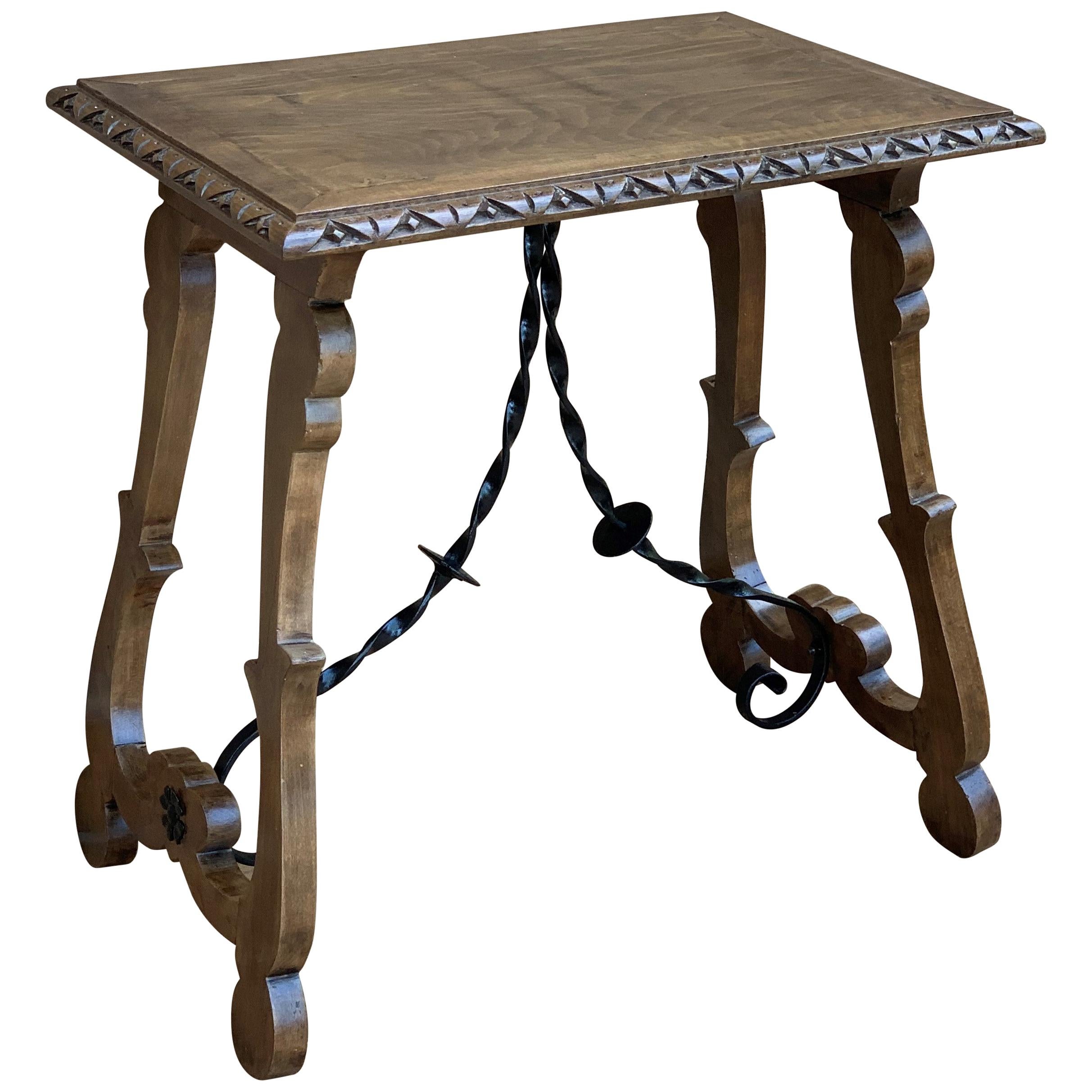 19th Century Spanish Side Table with Hand Carved Lyre Leg and Iron Stretcher For Sale