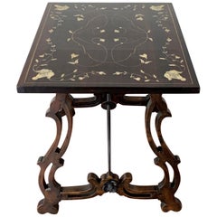 19th Century Spanish Side Table with Hand Carved Lyre Leg and Iron Stretcher