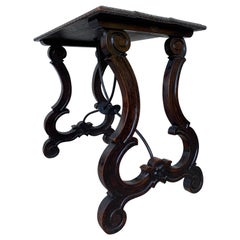 19th Century Spanish Side Table with Hand Carved Lyre Leg and Iron Stretcher