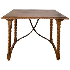 19th Century Spanish Side Table with Iron Stretcher and Carved Top Antique 19th Century Spanish Side Table with Iron Stretcher and Carved Top