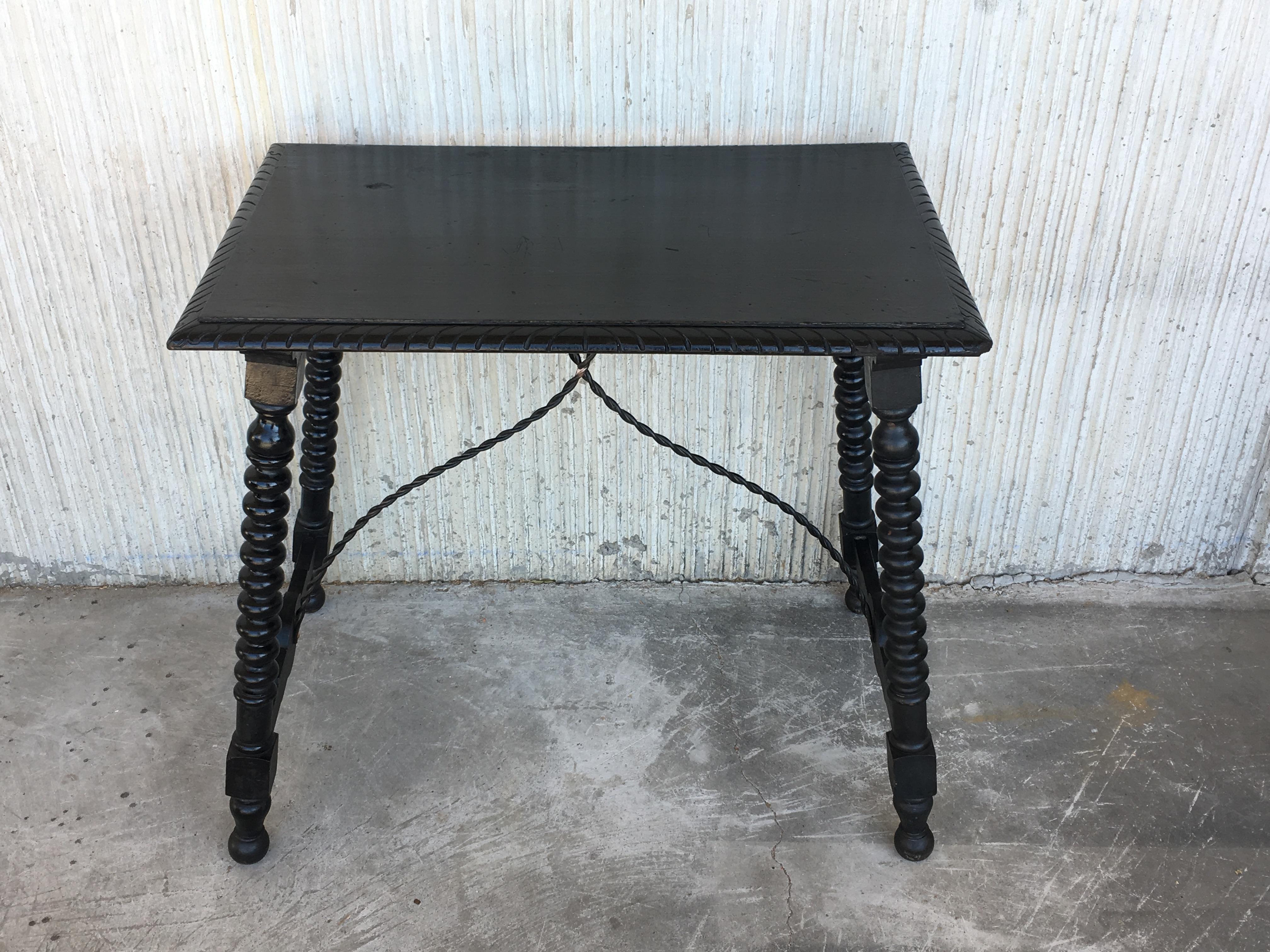 Baroque 19th Century Spanish Side Table with Iron Stretcher, End Table