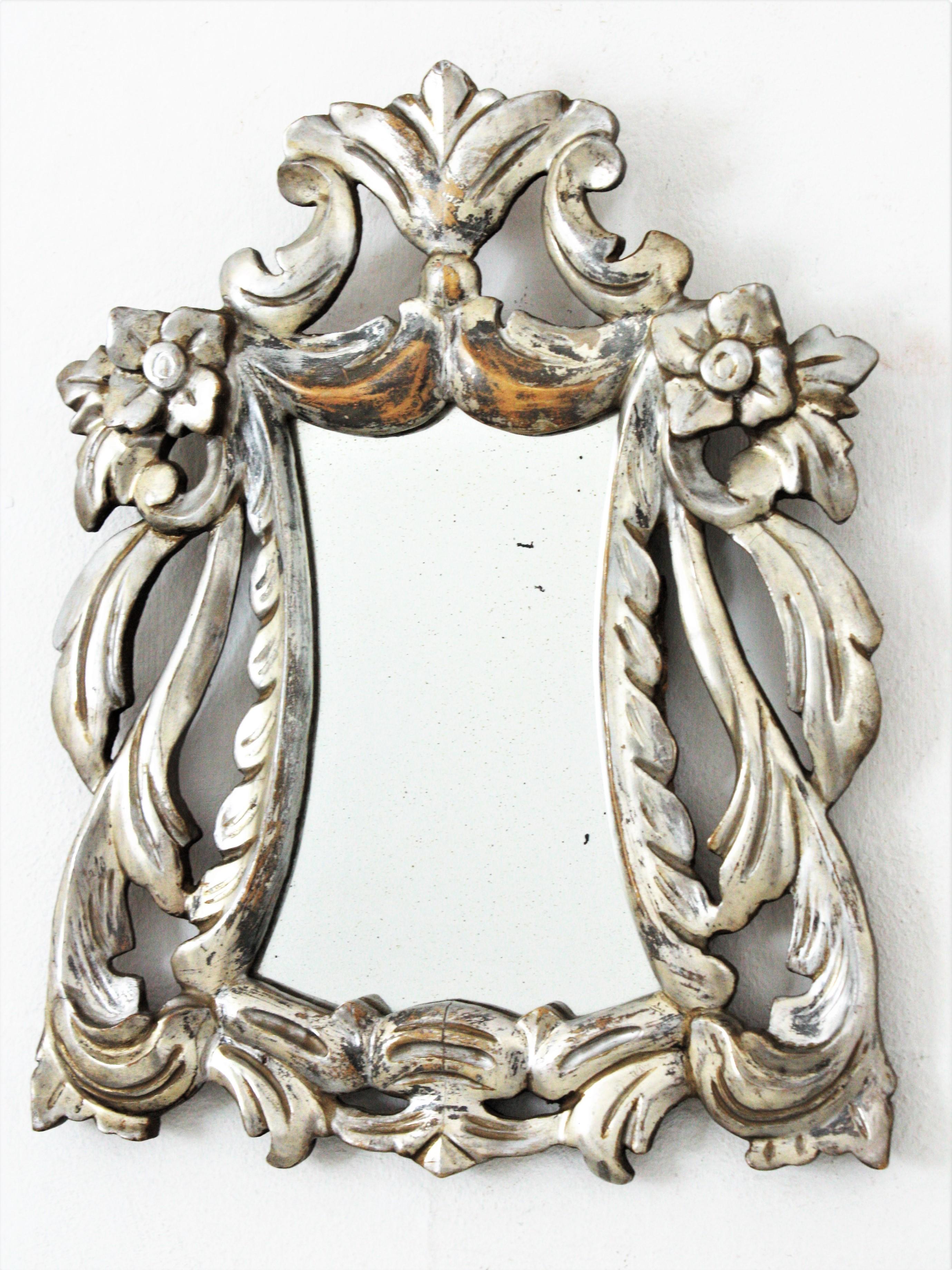 20th Century Spanish Silver Gilt Carved Wood Mirror For Sale