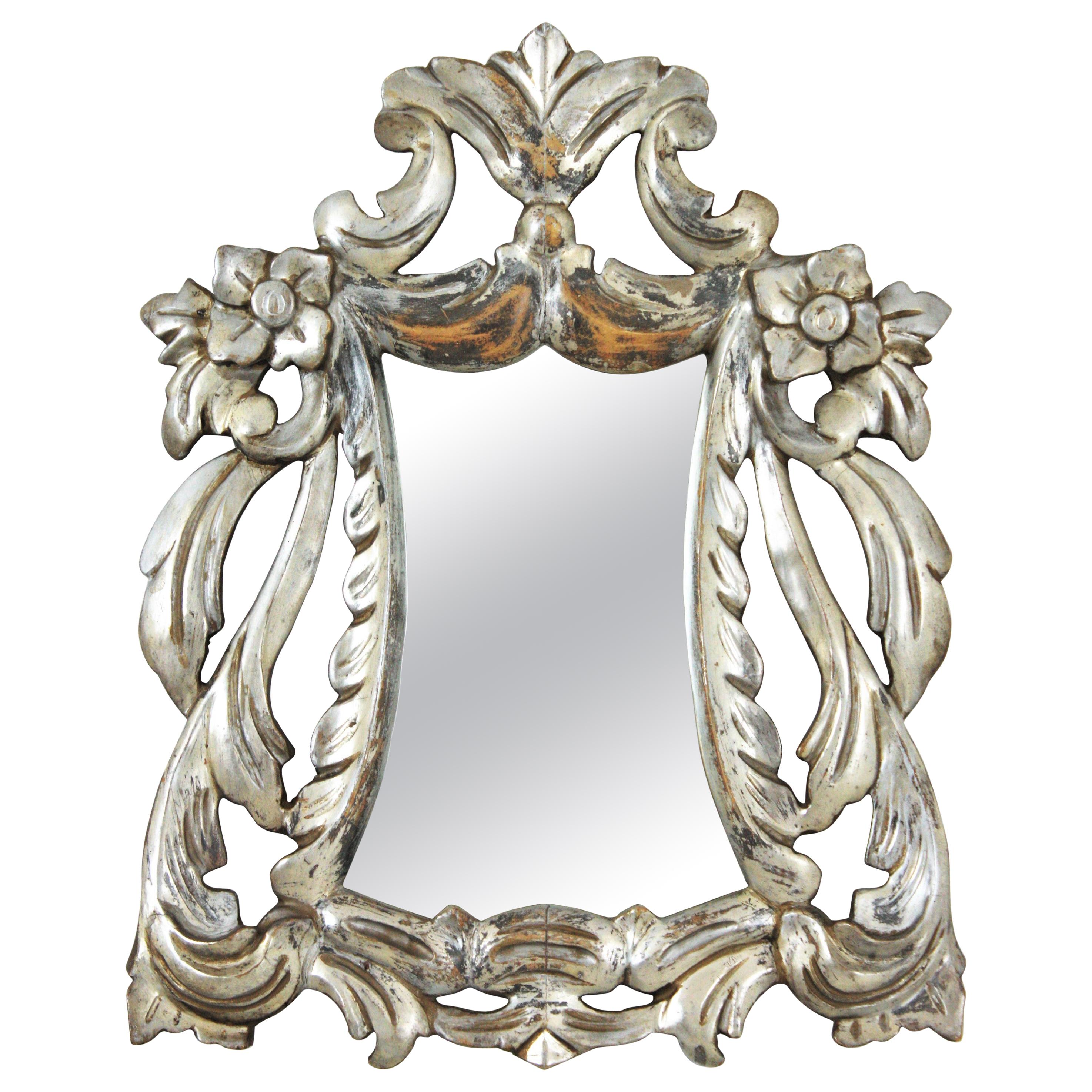Spanish Silver Gilt Carved Wood Mirror For Sale