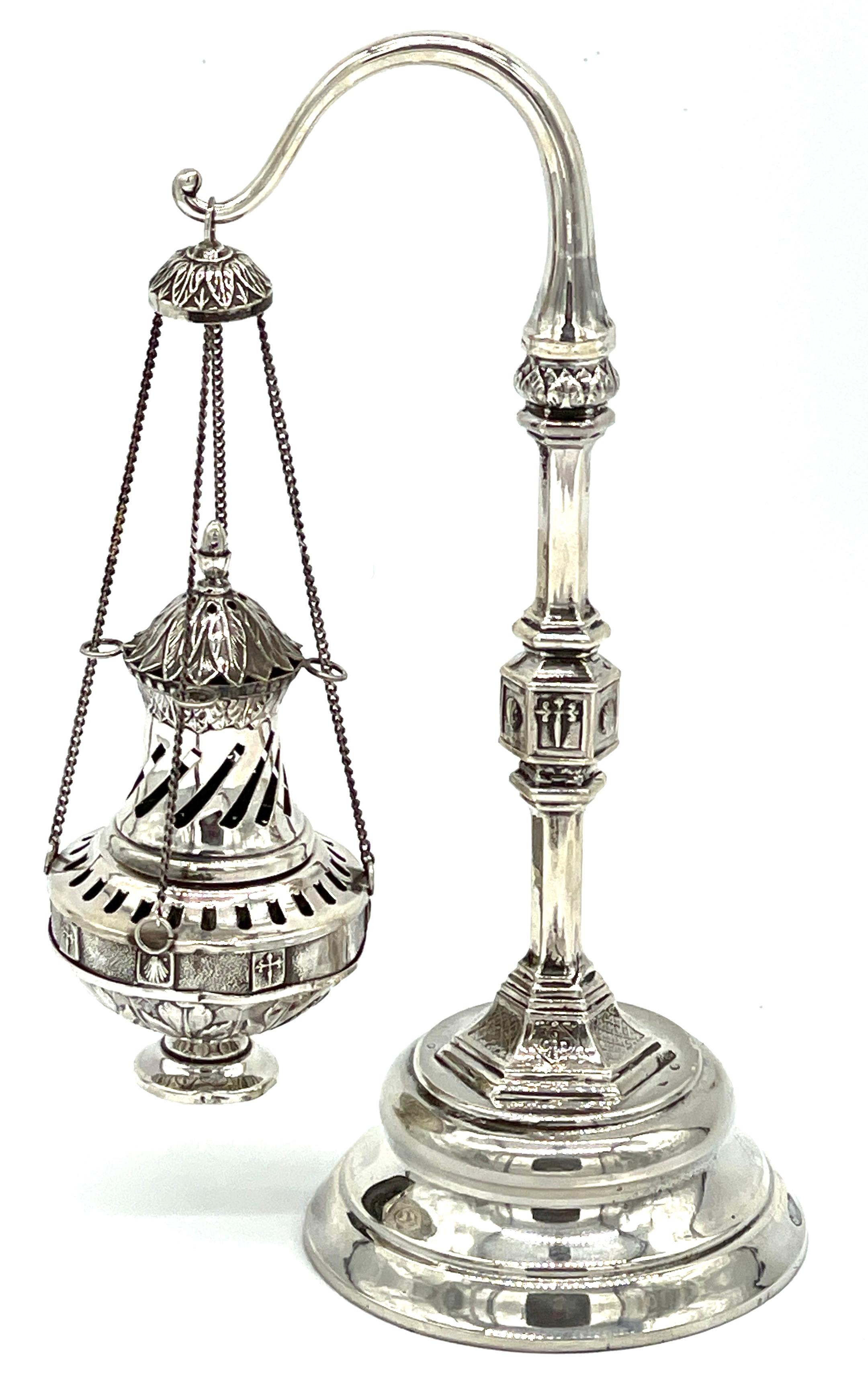 19th Century Spanish Sterling  Ecclesiastical Incense Burner & Stand
Spain, Later 19th Century 
Hallmarked 

we are pleased to offer a rare and remarkable piece of religious artistry with this complete 19th century Spanish sterling Baroque style