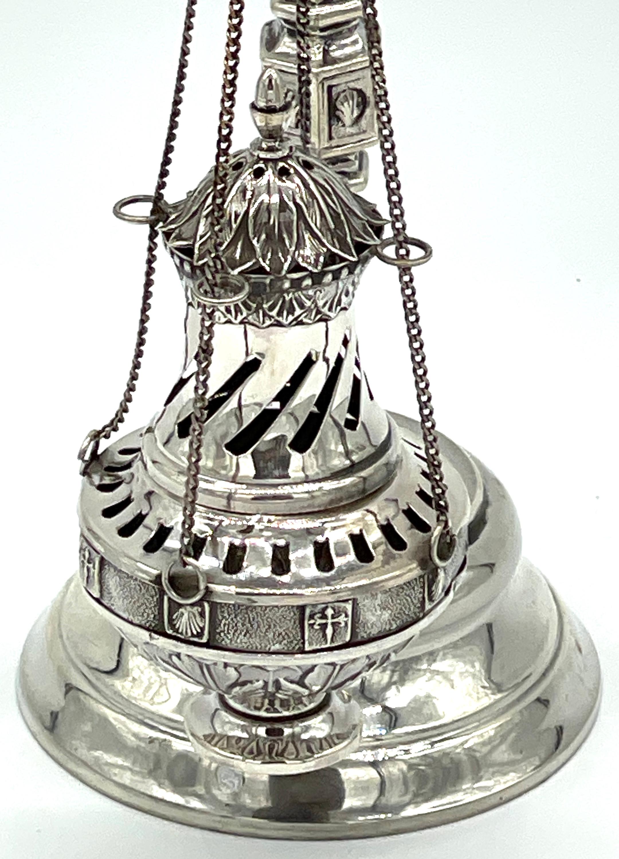 19th Century Spanish Sterling  Ecclesiastical Incense Burner & Stand In Good Condition For Sale In West Palm Beach, FL