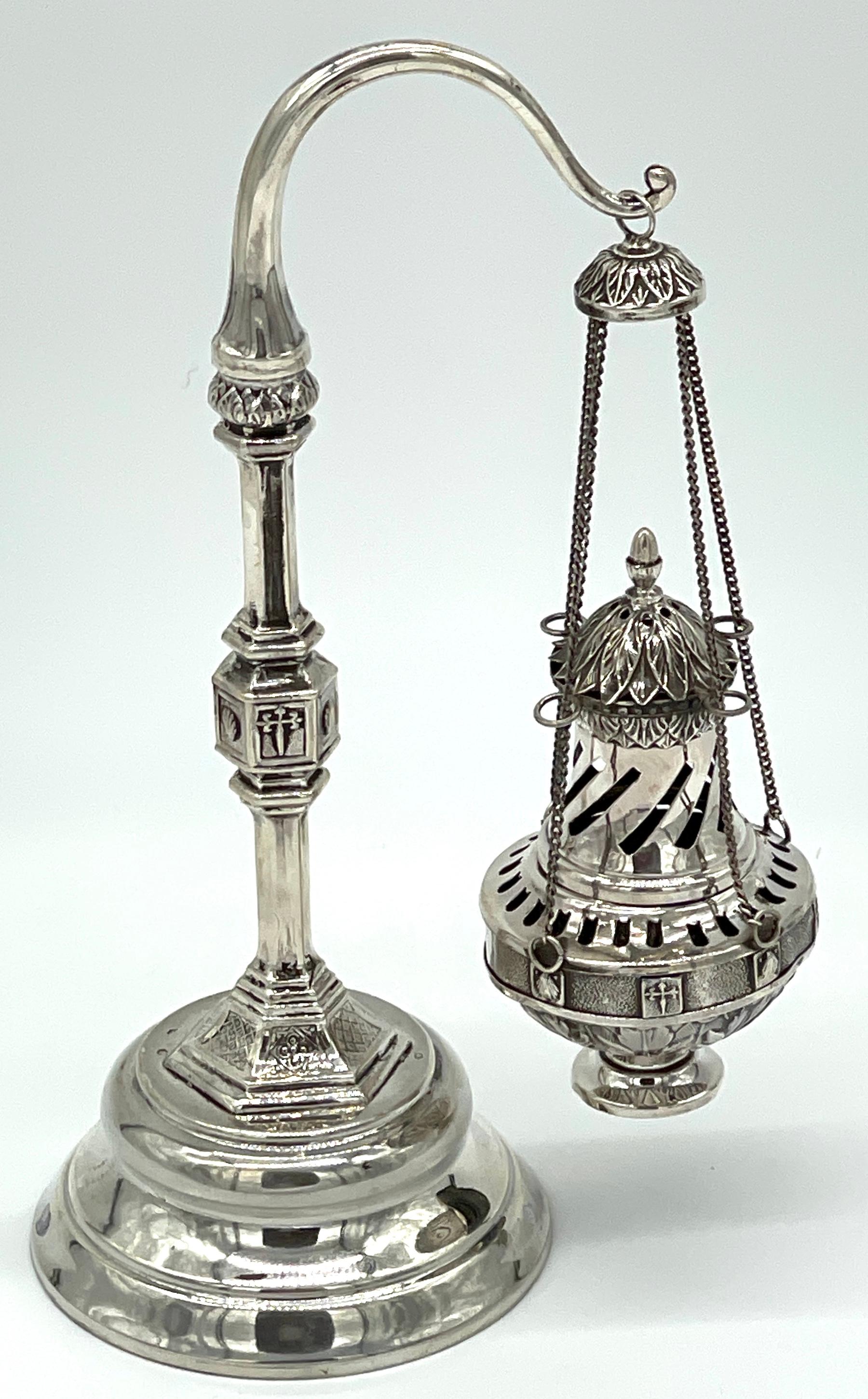 Sterling Silver 19th Century Spanish Sterling  Ecclesiastical Incense Burner & Stand For Sale