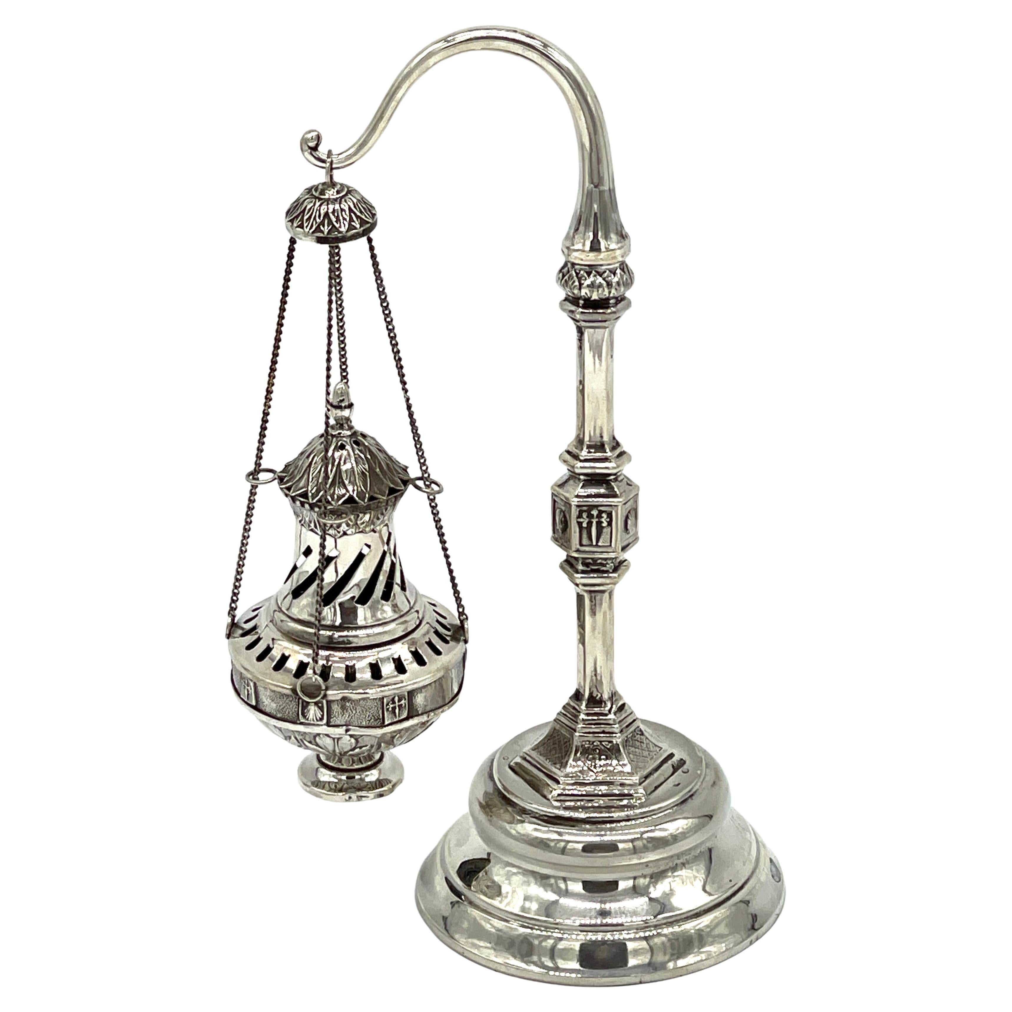 19th Century Spanish Sterling  Ecclesiastical Incense Burner & Stand For Sale