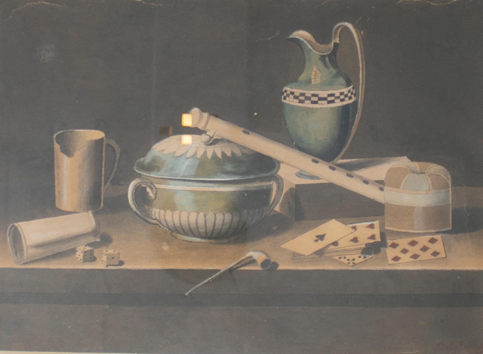 19th century Spanish still life painting with dices and cards.

Measure with frame: 39 x 32cm.