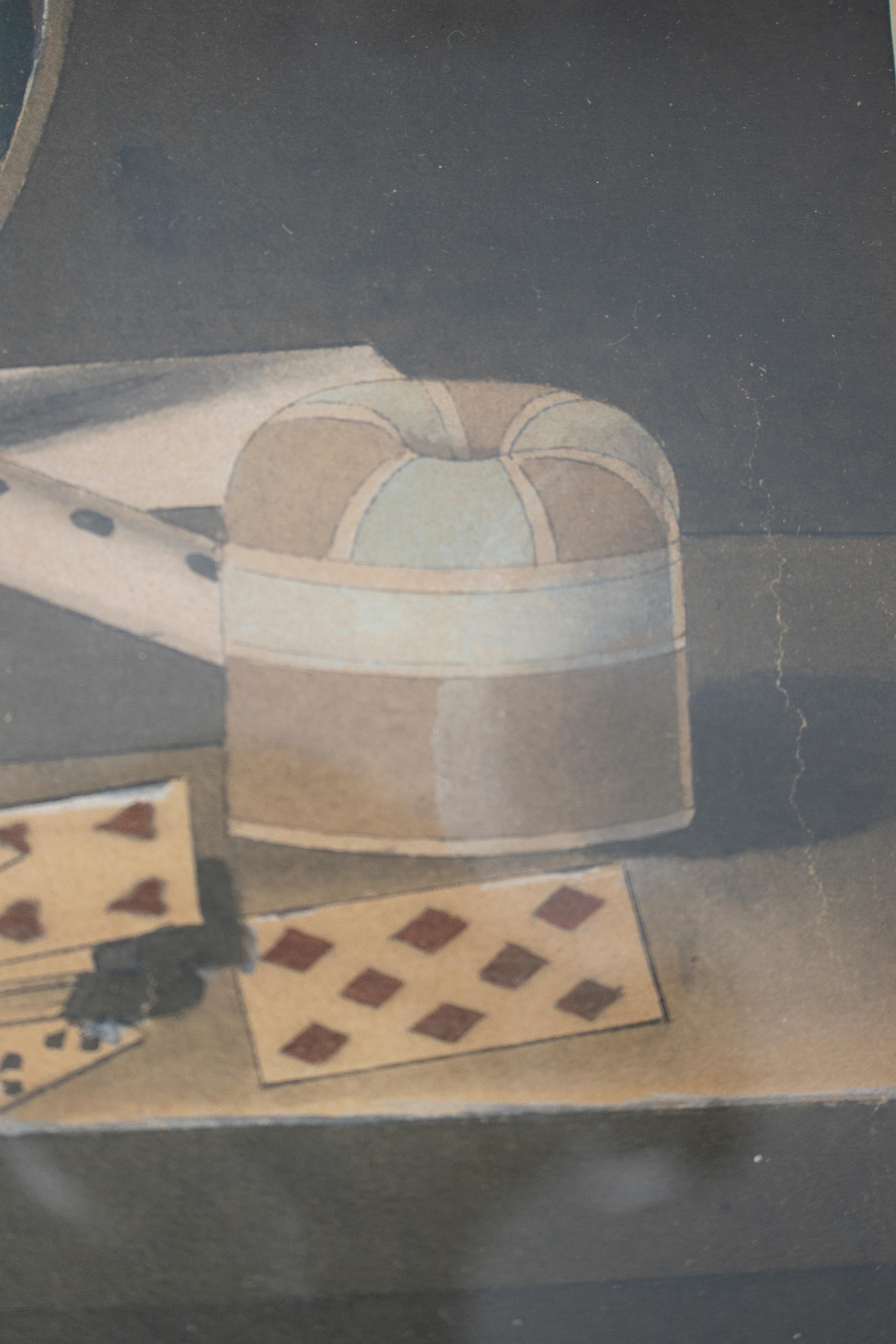 19th Century Spanish Still Life Painting with Dices and Cards In Good Condition For Sale In Marbella, ES