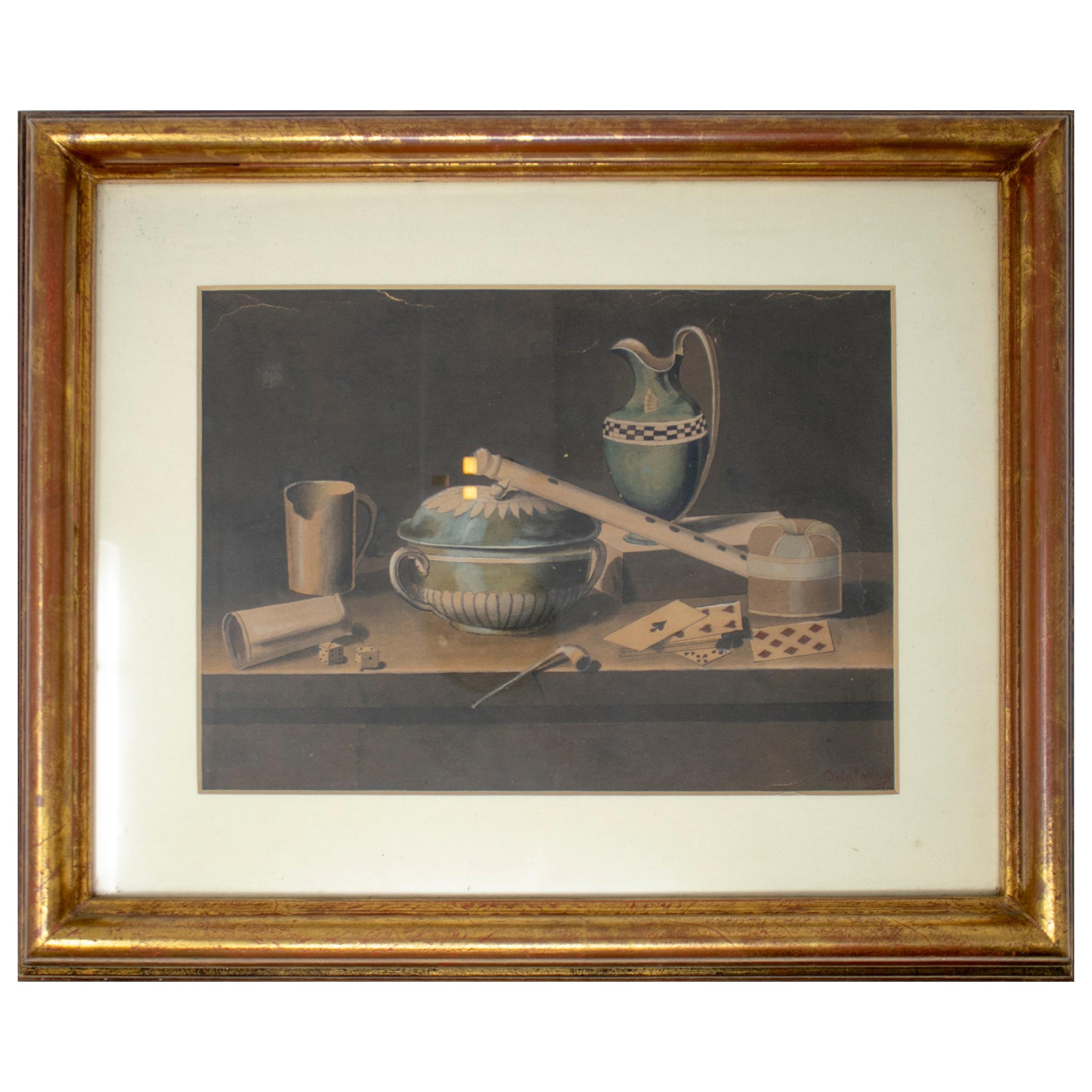 19th Century Spanish Still Life Painting with Dices and Cards For Sale