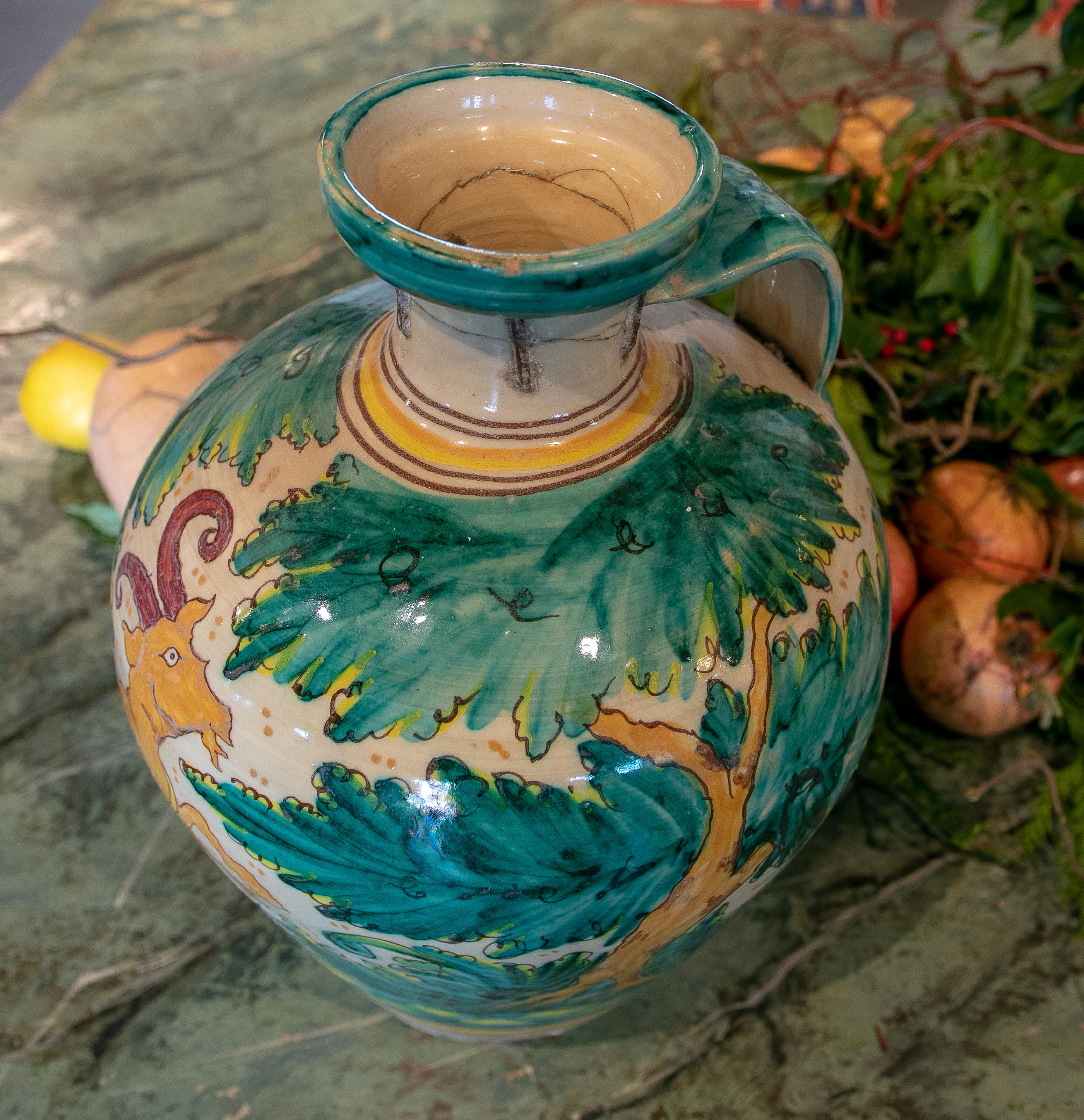 19th Century Spanish Talavera Ceramic Vase with Plants and Goat 10