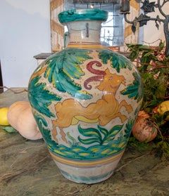 19th Century Spanish Talavera Ceramic Vase with Plants and Goat