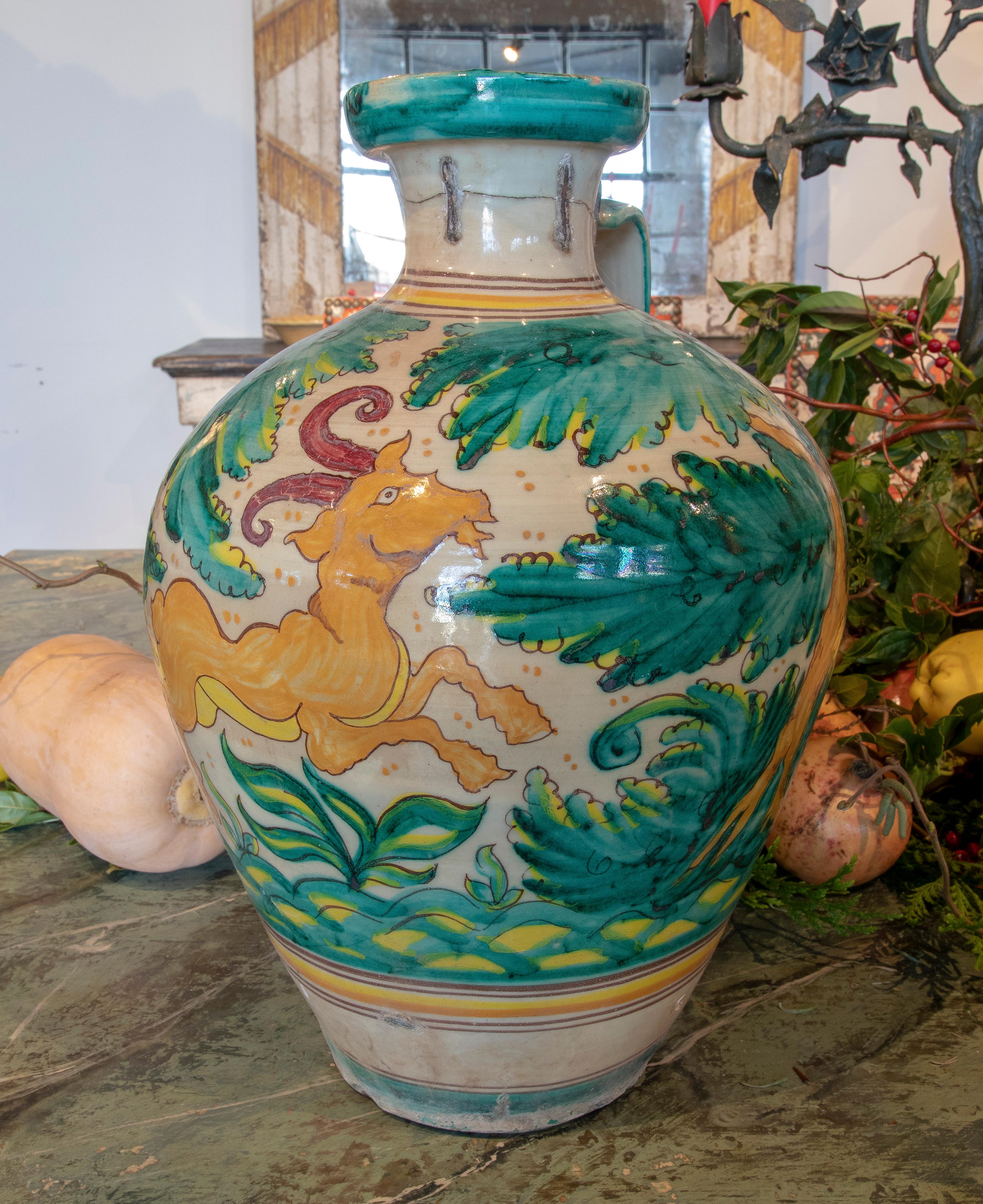 Glazed 19th Century Spanish Talavera Ceramic Vase with Plants and Goat