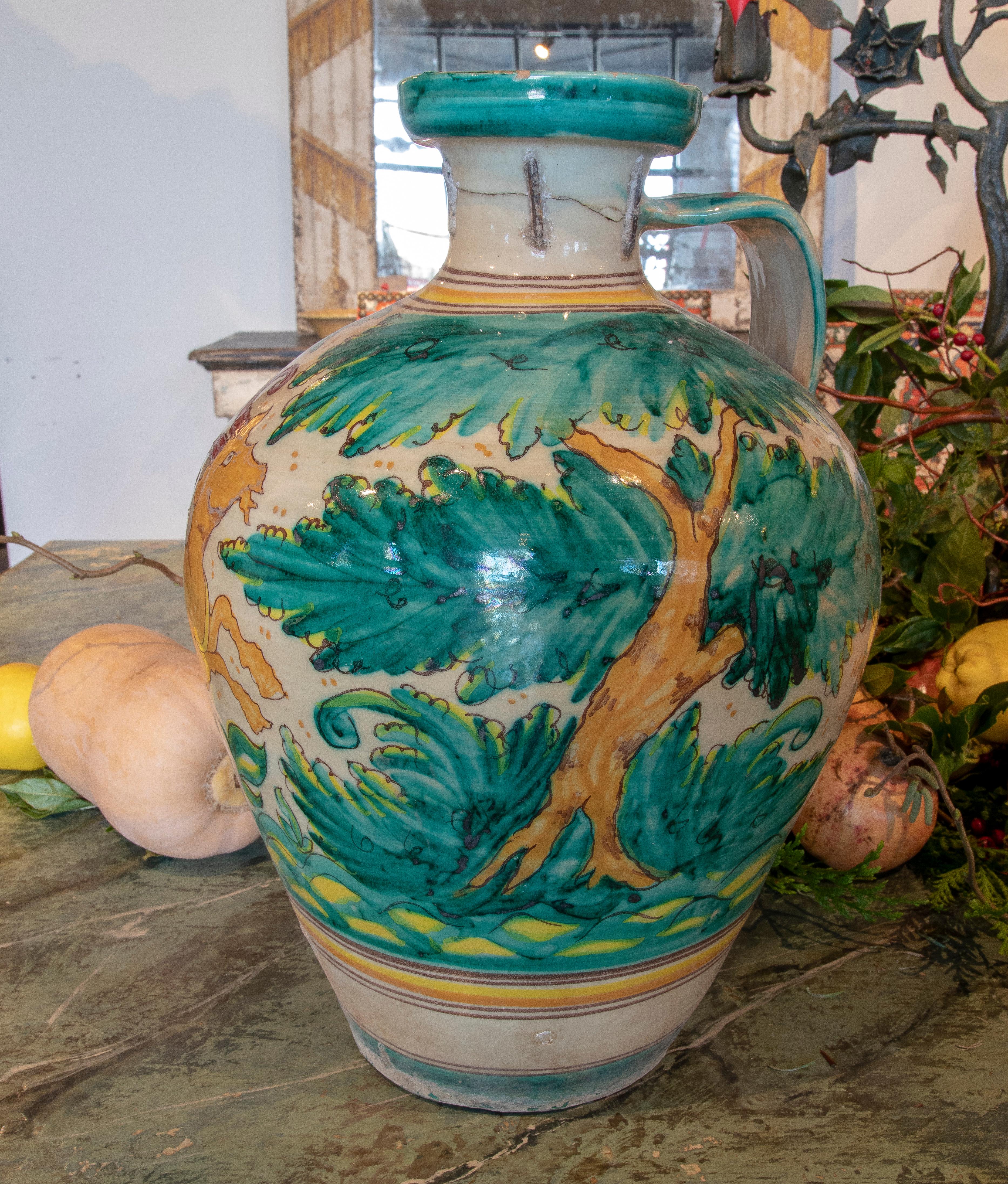 19th Century Spanish Talavera Ceramic Vase with Plants and Goat In Good Condition In Marbella, ES