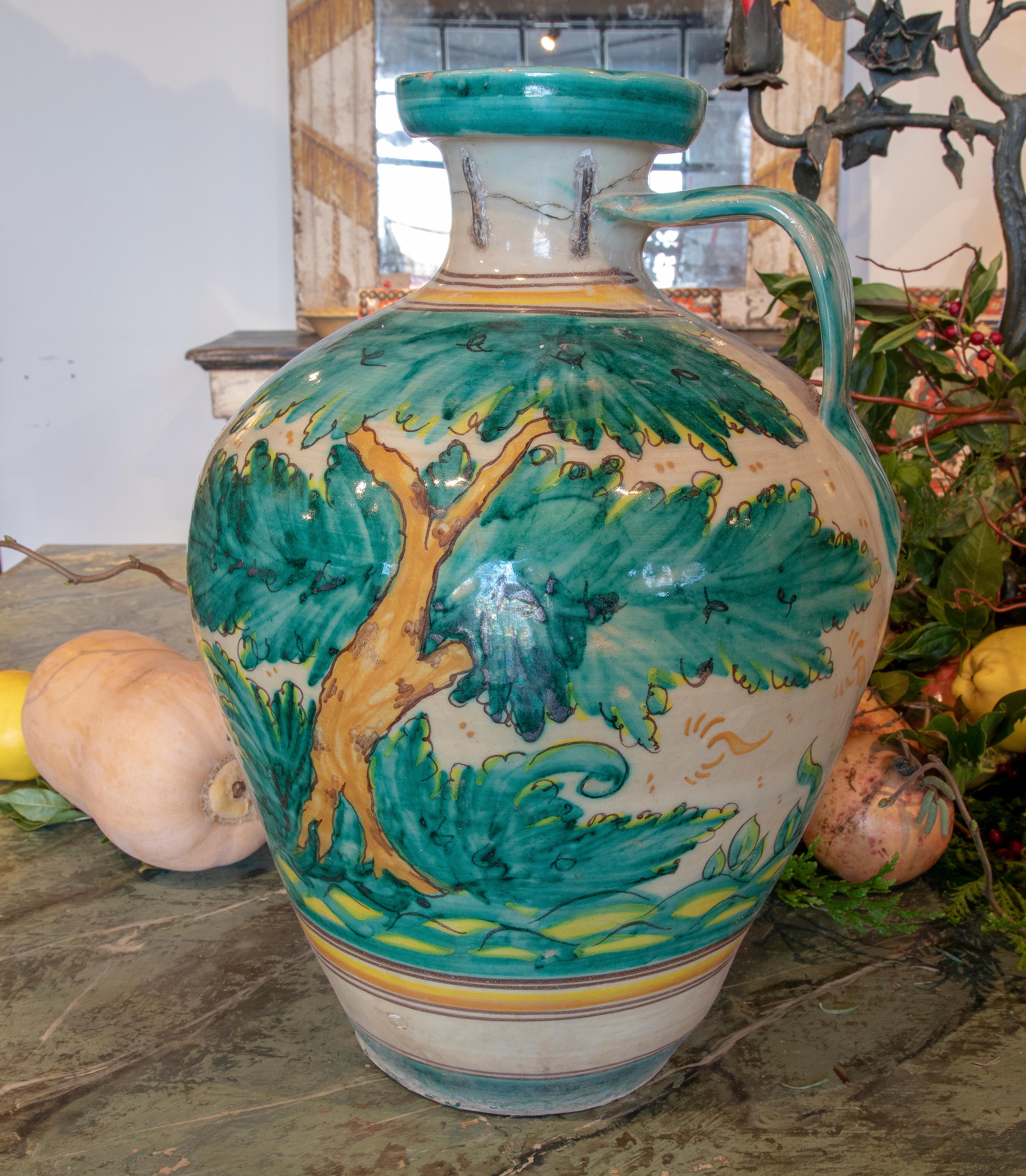 19th Century Spanish Talavera Ceramic Vase with Plants and Goat 1