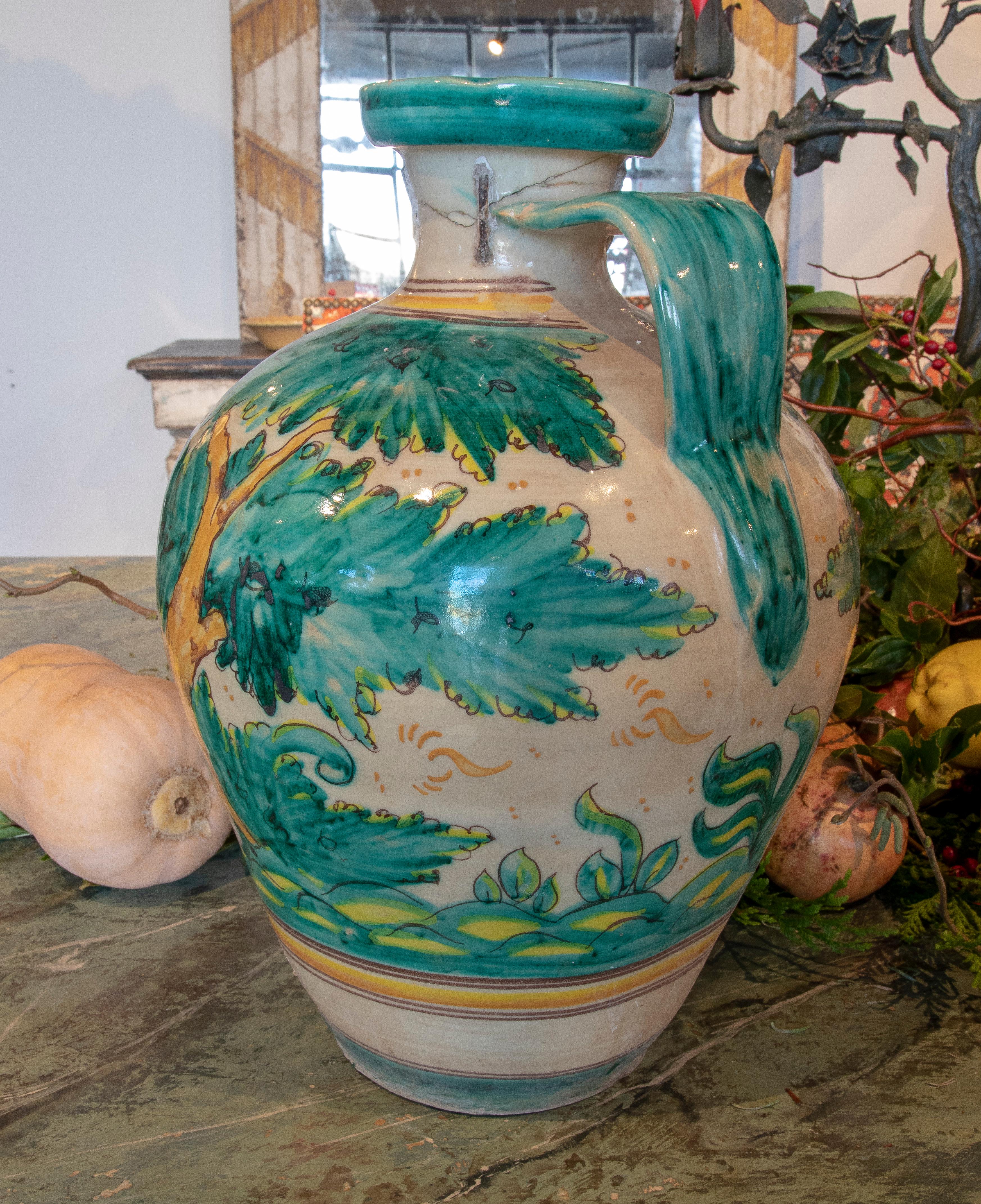 19th Century Spanish Talavera Ceramic Vase with Plants and Goat 2