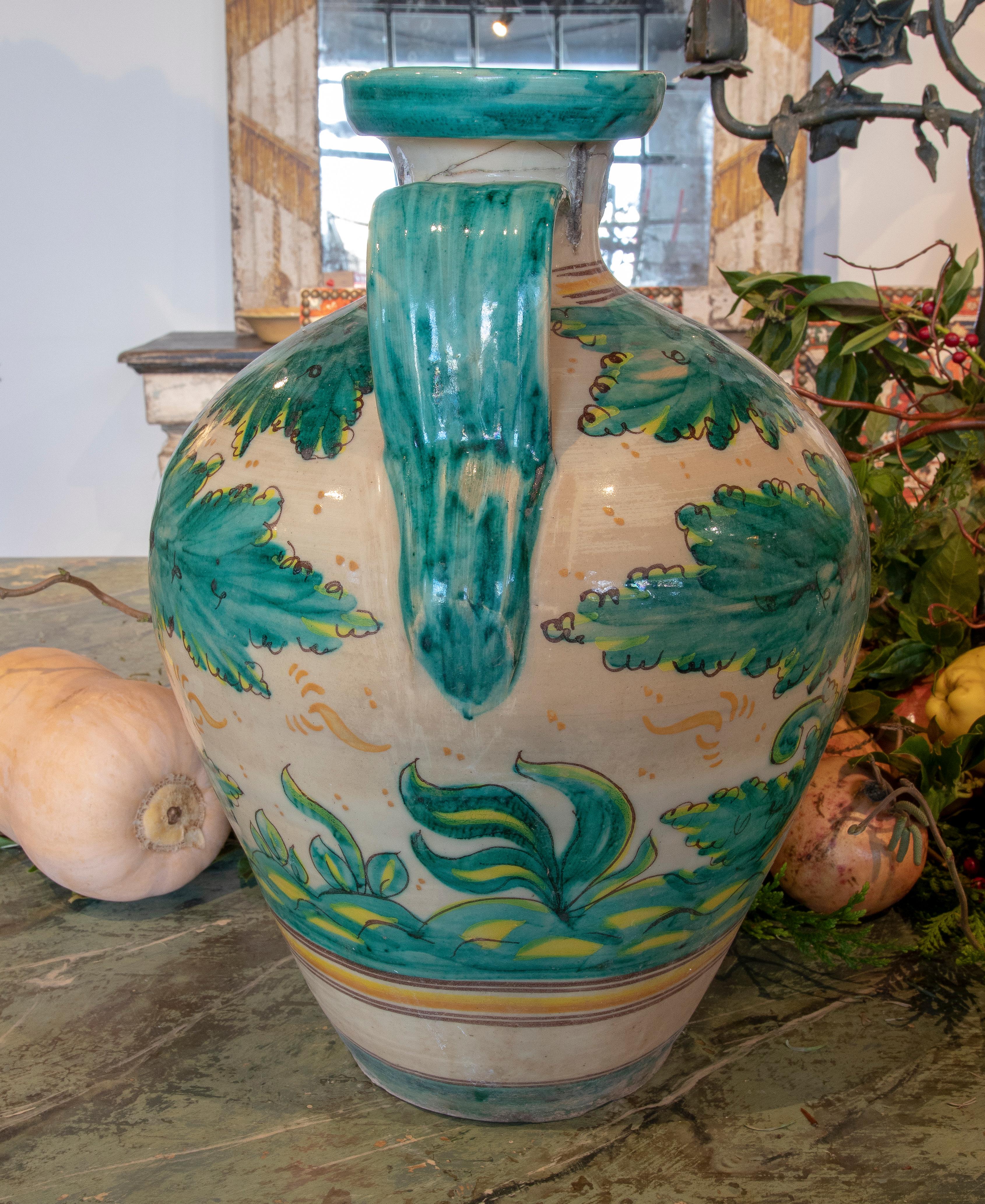 19th Century Spanish Talavera Ceramic Vase with Plants and Goat 3