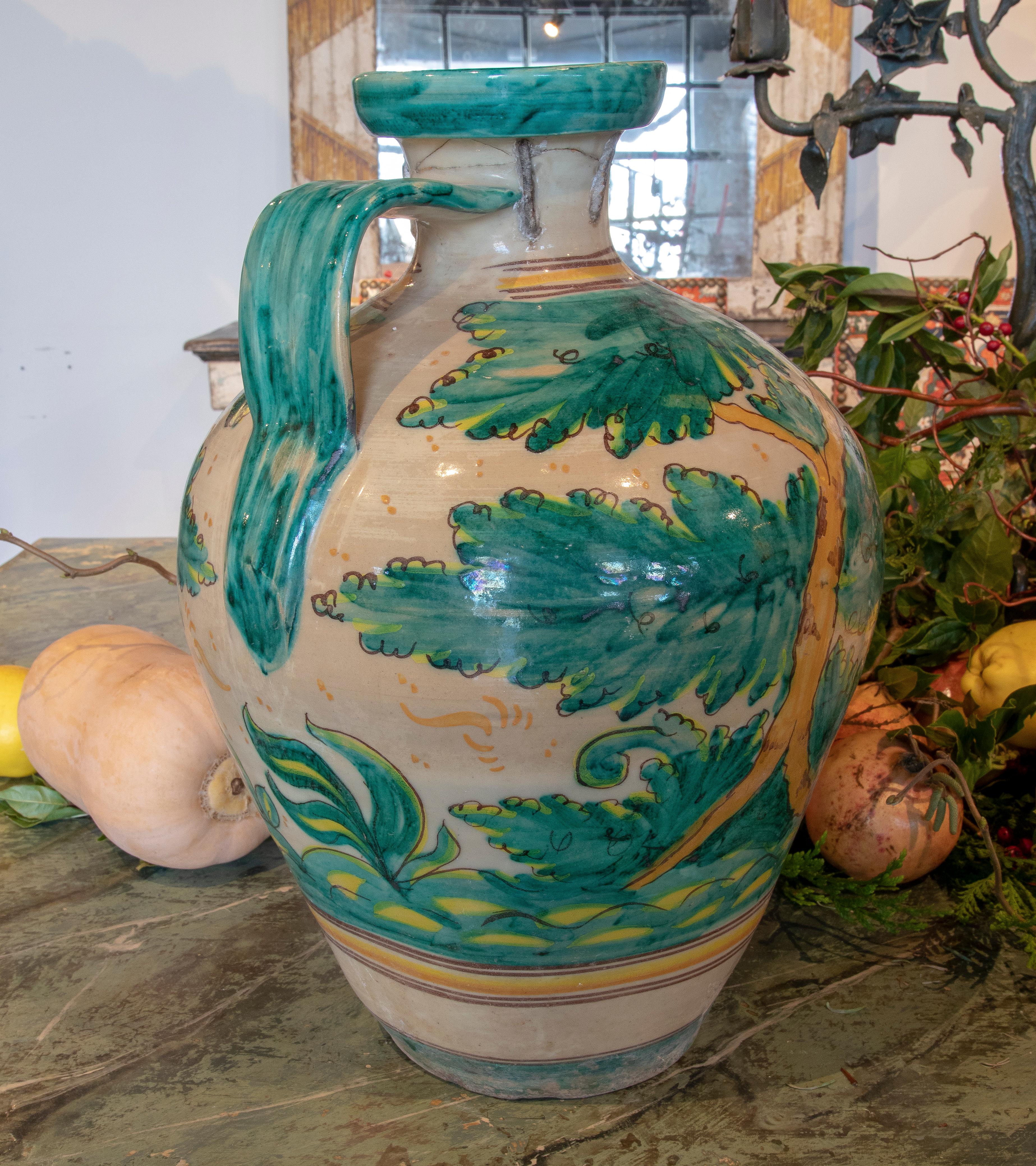 19th Century Spanish Talavera Ceramic Vase with Plants and Goat 4