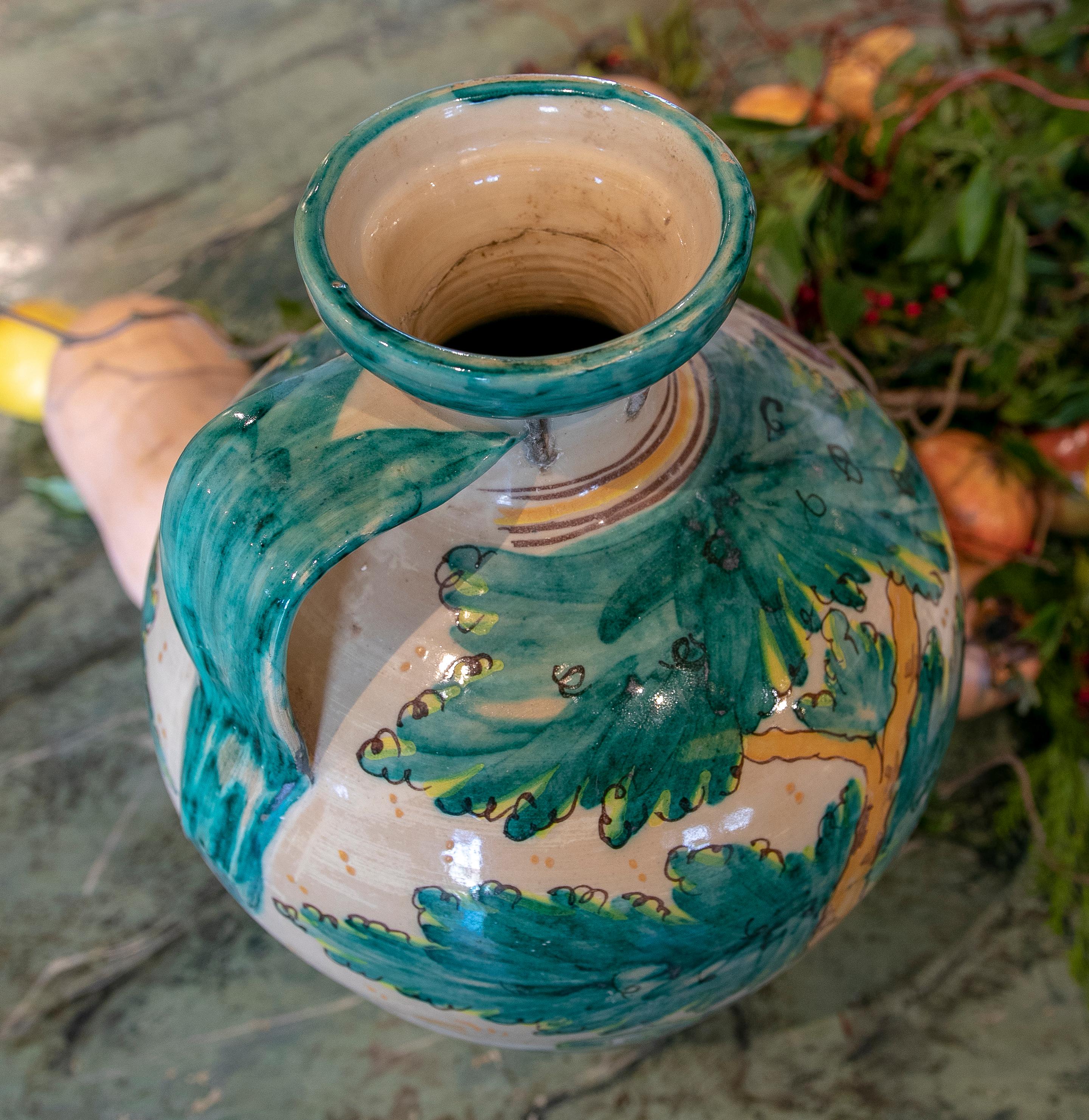 19th Century Spanish Talavera Ceramic Vase with Plants and Goat 5
