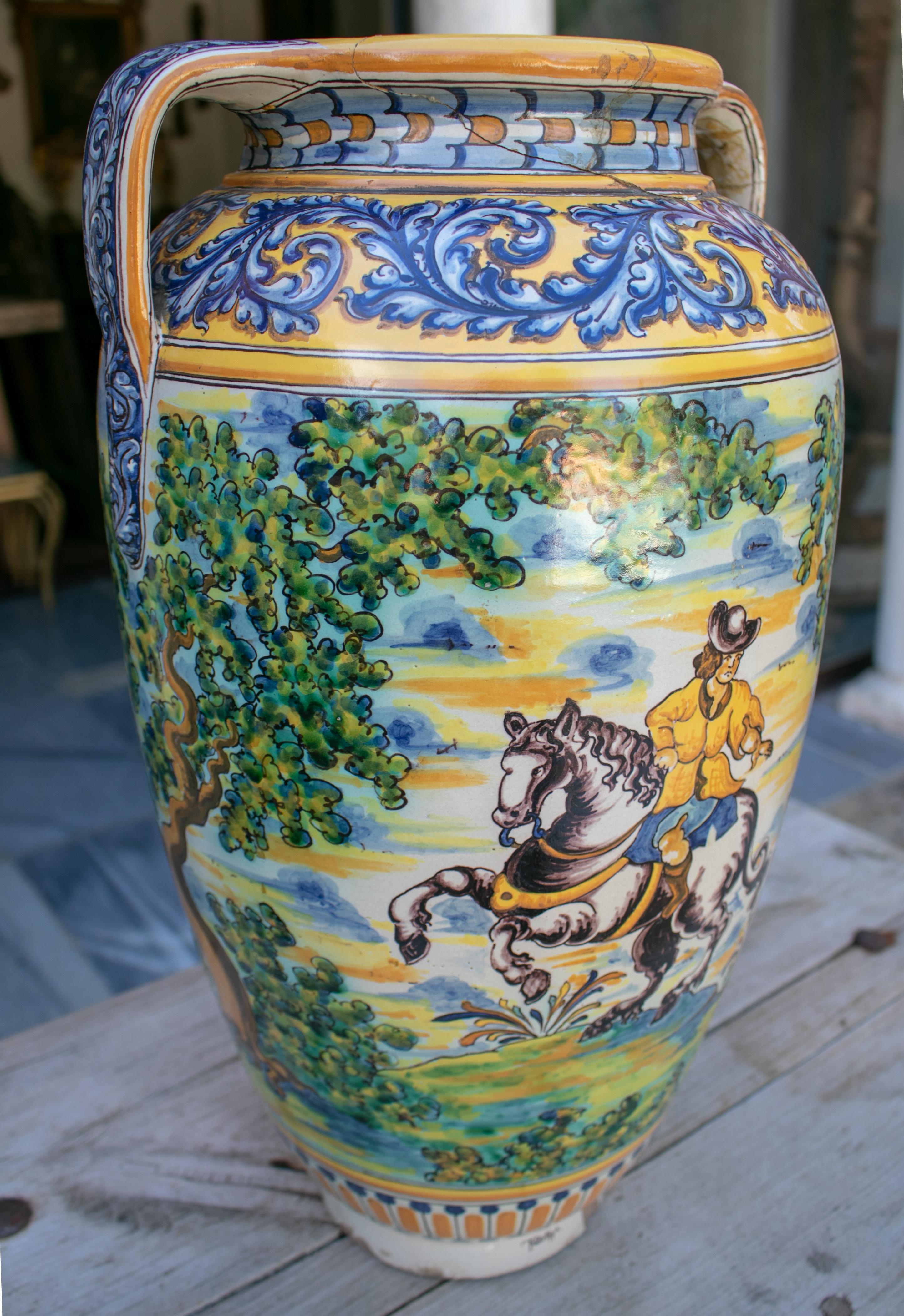 Hand-Painted 19th Century Spanish Talavera Porcelain Vase with Animals and Horse Rider Scenes