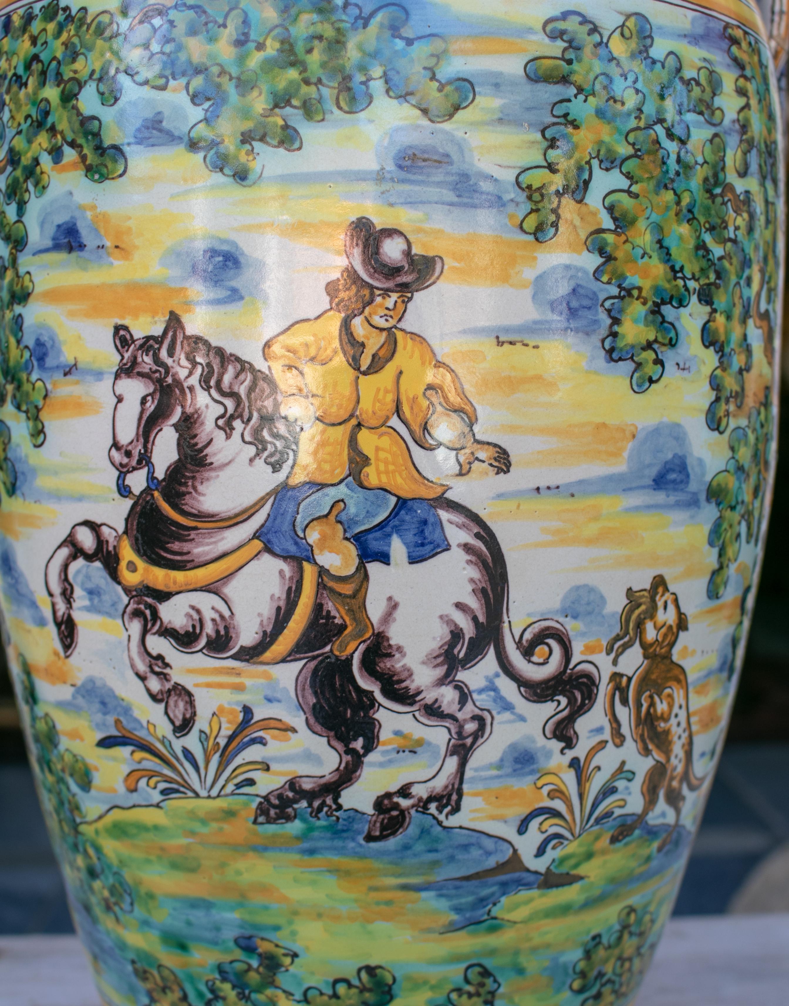 19th Century Spanish Talavera Porcelain Vase with Animals and Horse Rider Scenes In Good Condition In Marbella, ES