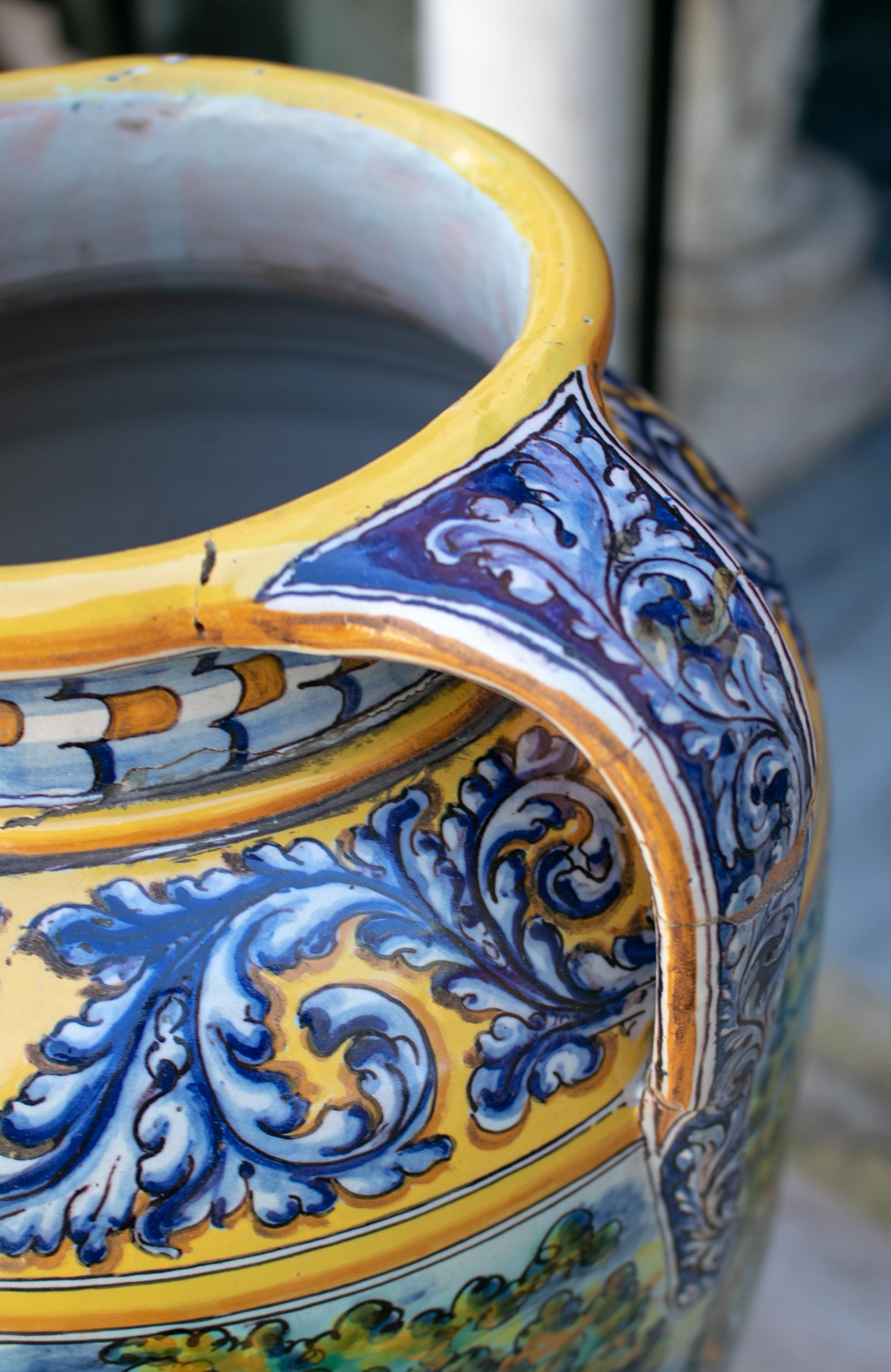 18th Century 19th Century Spanish Talavera Porcelain Vase with Animals and Horse Rider Scenes