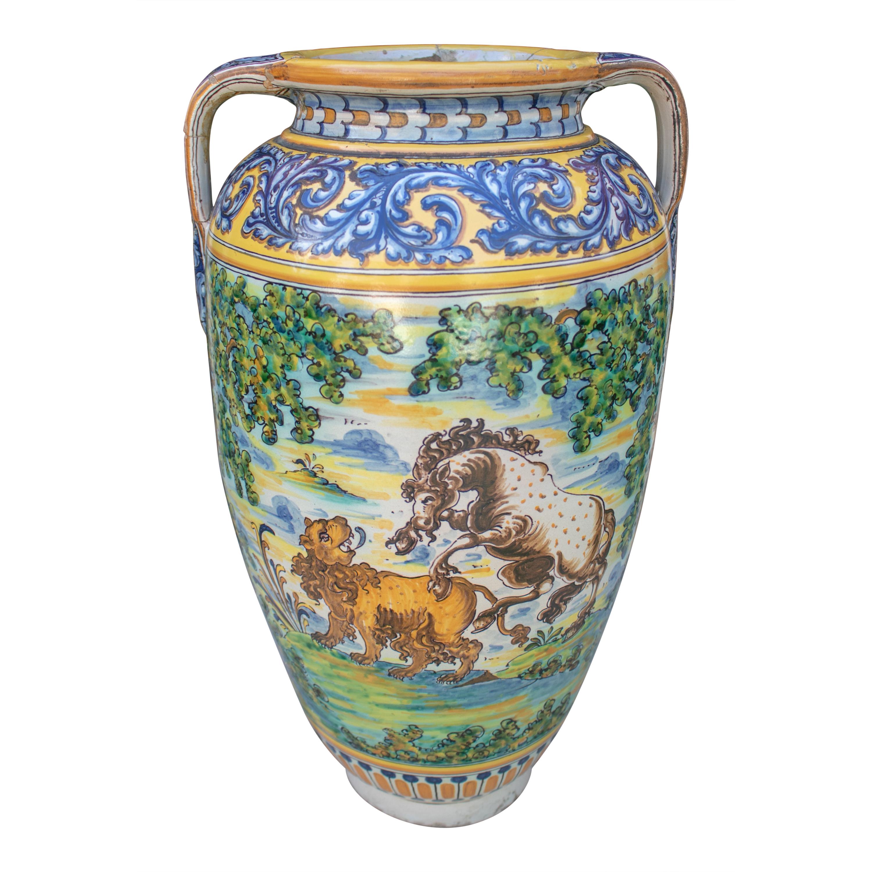 19th Century Spanish Talavera Porcelain Vase with Animals and Horse Rider Scenes