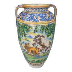 Antique 19th Century Spanish Talavera Porcelain Vase with Animals and Horse Rider Scenes