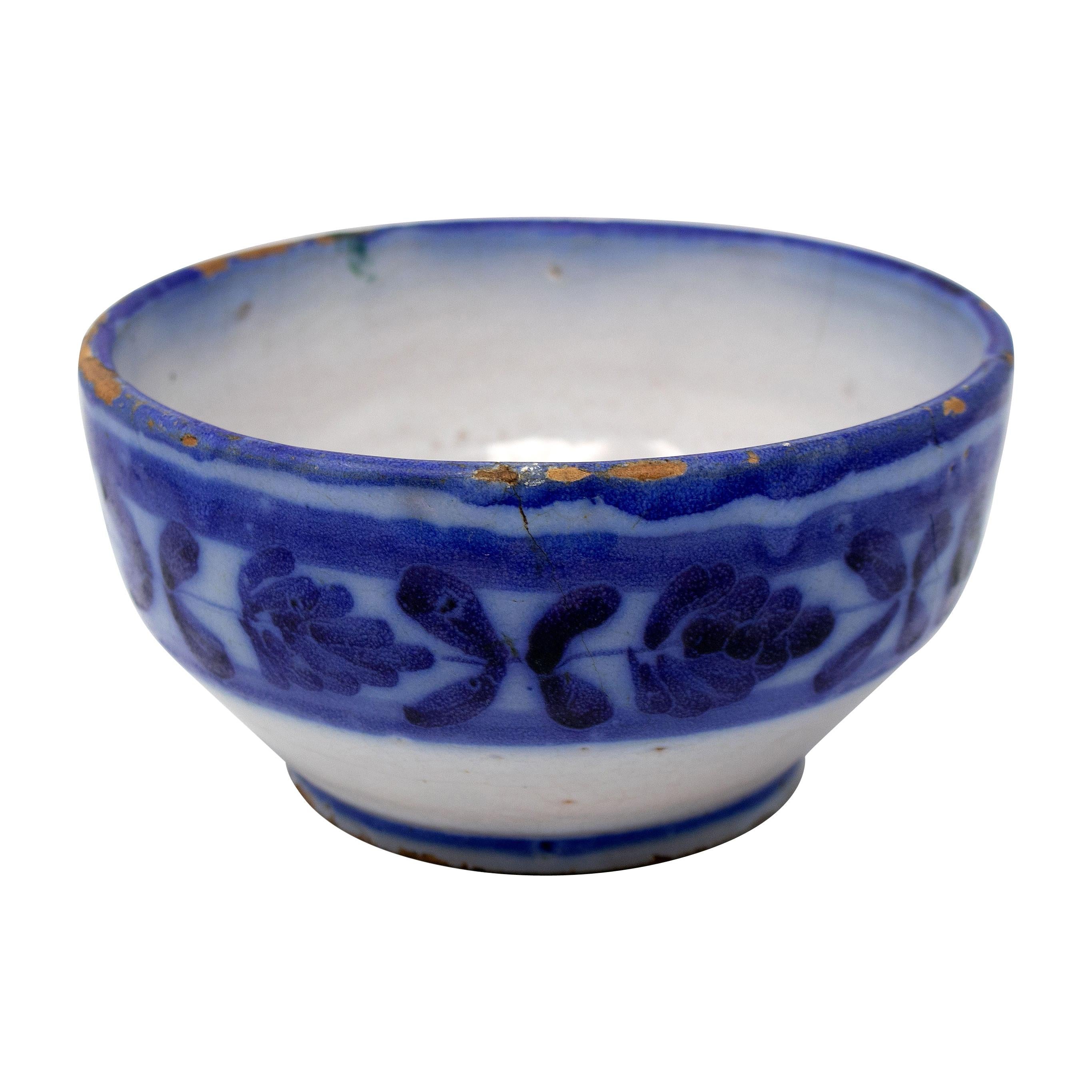 19th Century Spanish Talavera Pottery White Bowl with Blue Decorations