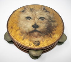 tambourin espagnol du 19ème siècle avec visage de chien peint à la main