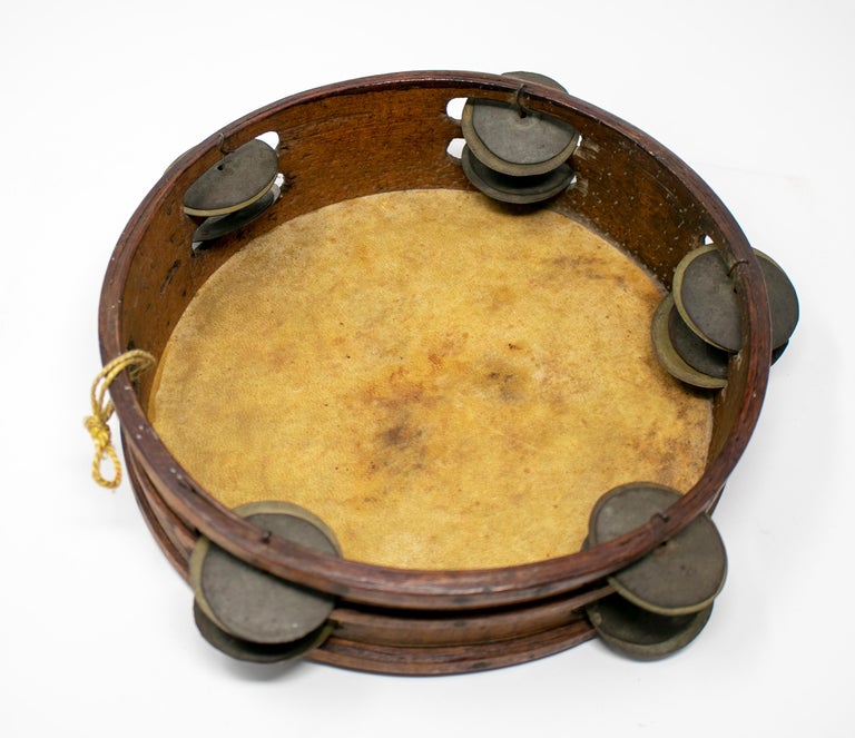 19th Century Spanish Tambourine with Hand Painted Dog Face For Sale at 1stDibs