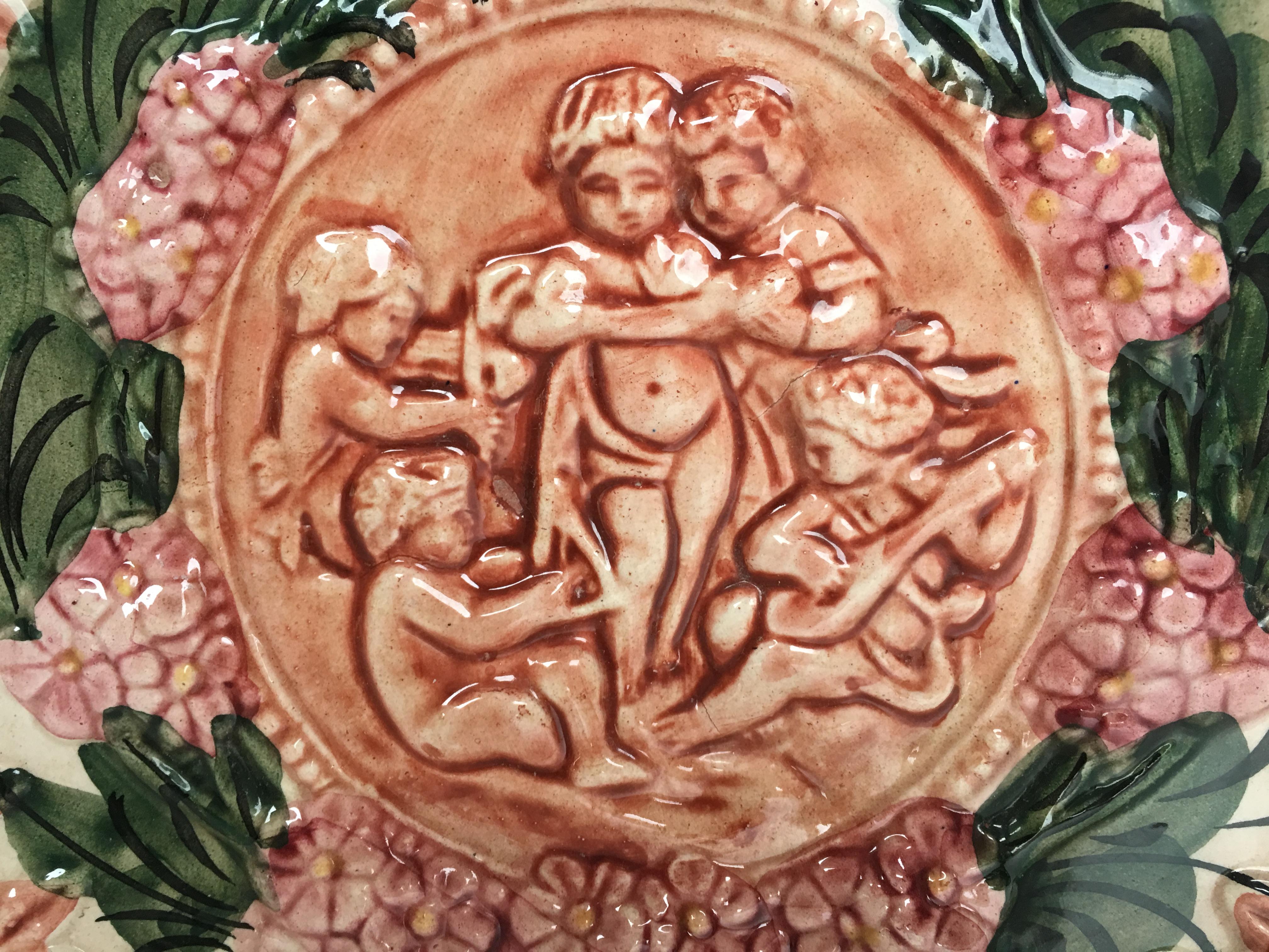 Baroque 19th Century Spanish Terracotta Relief Dish with Cherubs & Flowers For Sale