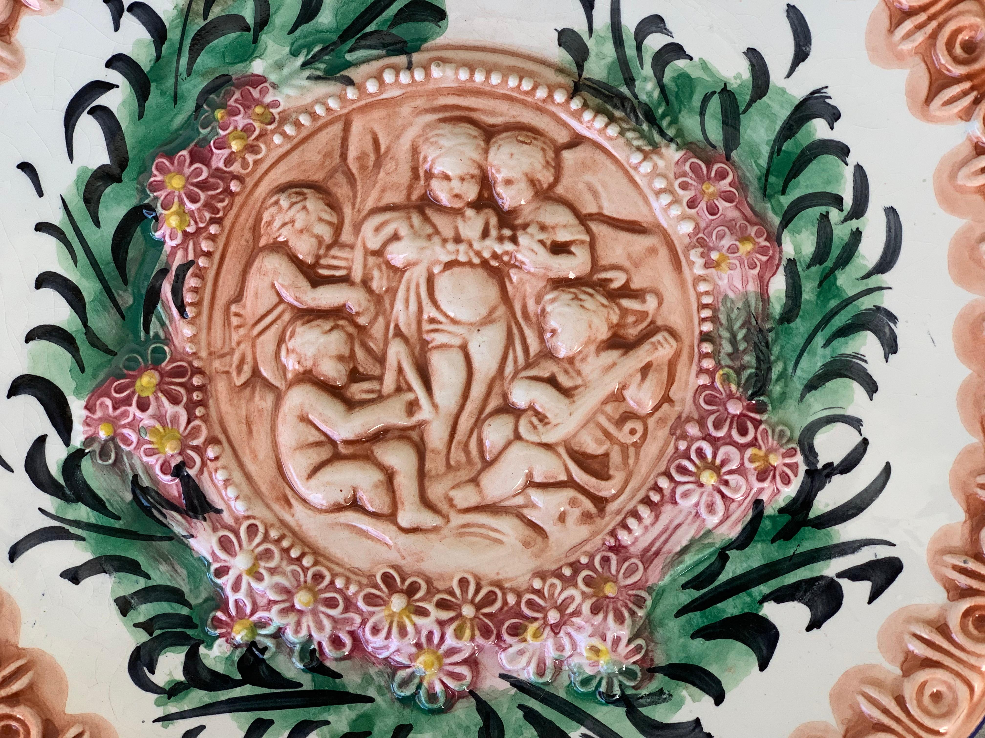 19th Century Spanish Terracotta Relief Dish with Cherubs & Flowers For Sale 2