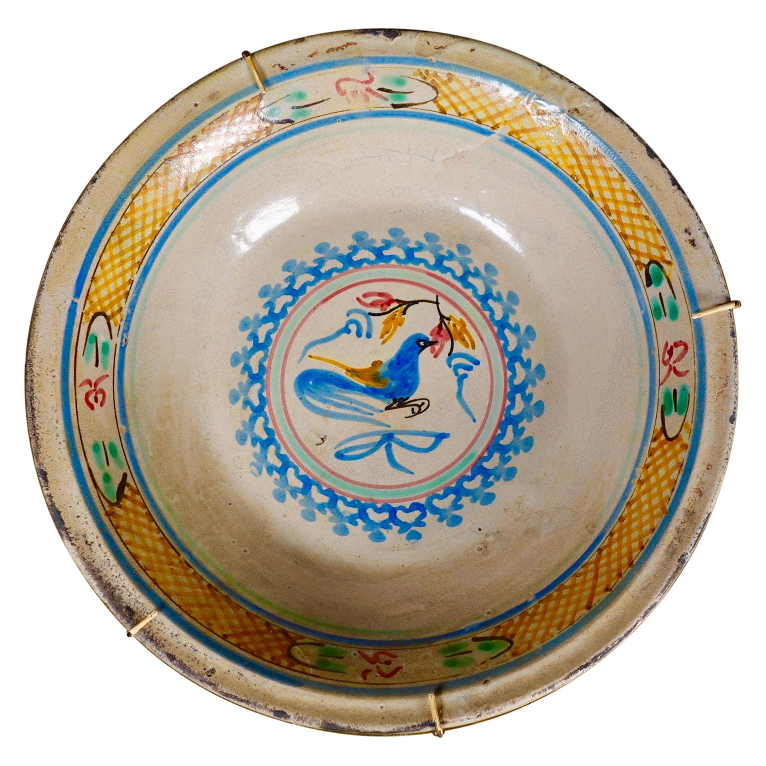 19th Century Spanish Tin Glaze Bowl with Bird Decoration Colorful