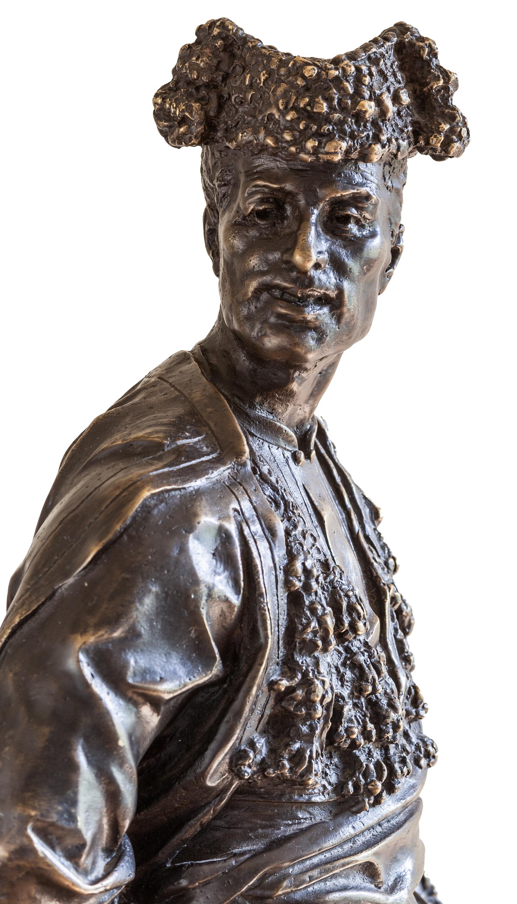 La figura in bronzo è del XIX secolo, realizzata dallo scultore Agapito Vallmitjana (1833-1905), attivo a Barcellona insieme al fratello Venancio, anch'egli scultore. Entrambi ebbero successo e fama all'epoca e le loro opere si trovano in luoghi