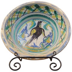 19th Century Spanish Triana "Lebrillo" Ceramic Plate with Painted Bird
