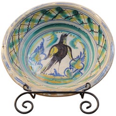 19th Century Spanish Triana "Lebrillo" Ceramic Plate with Painted Bird