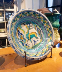19th Century Spanish Triana "Lebrillo" Ceramic Plate with Painted Deer