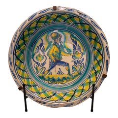 19th Century Spanish Triana "Lebrillo" Ceramic Plate with Painted Person
