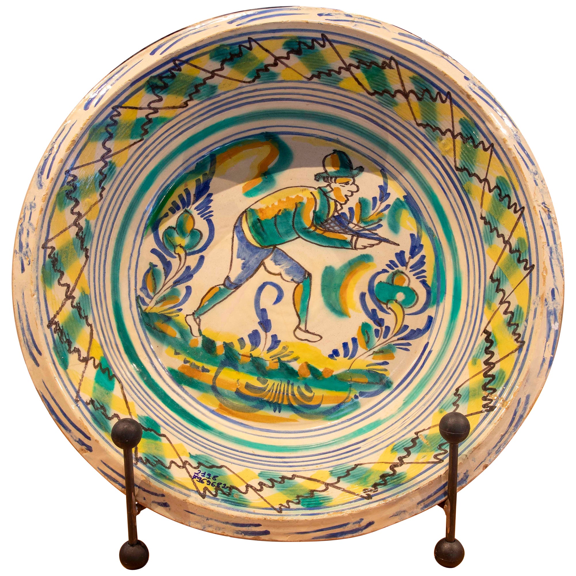 19th Century Spanish Triana "Lebrillo" Ceramic Plate with Painted Person