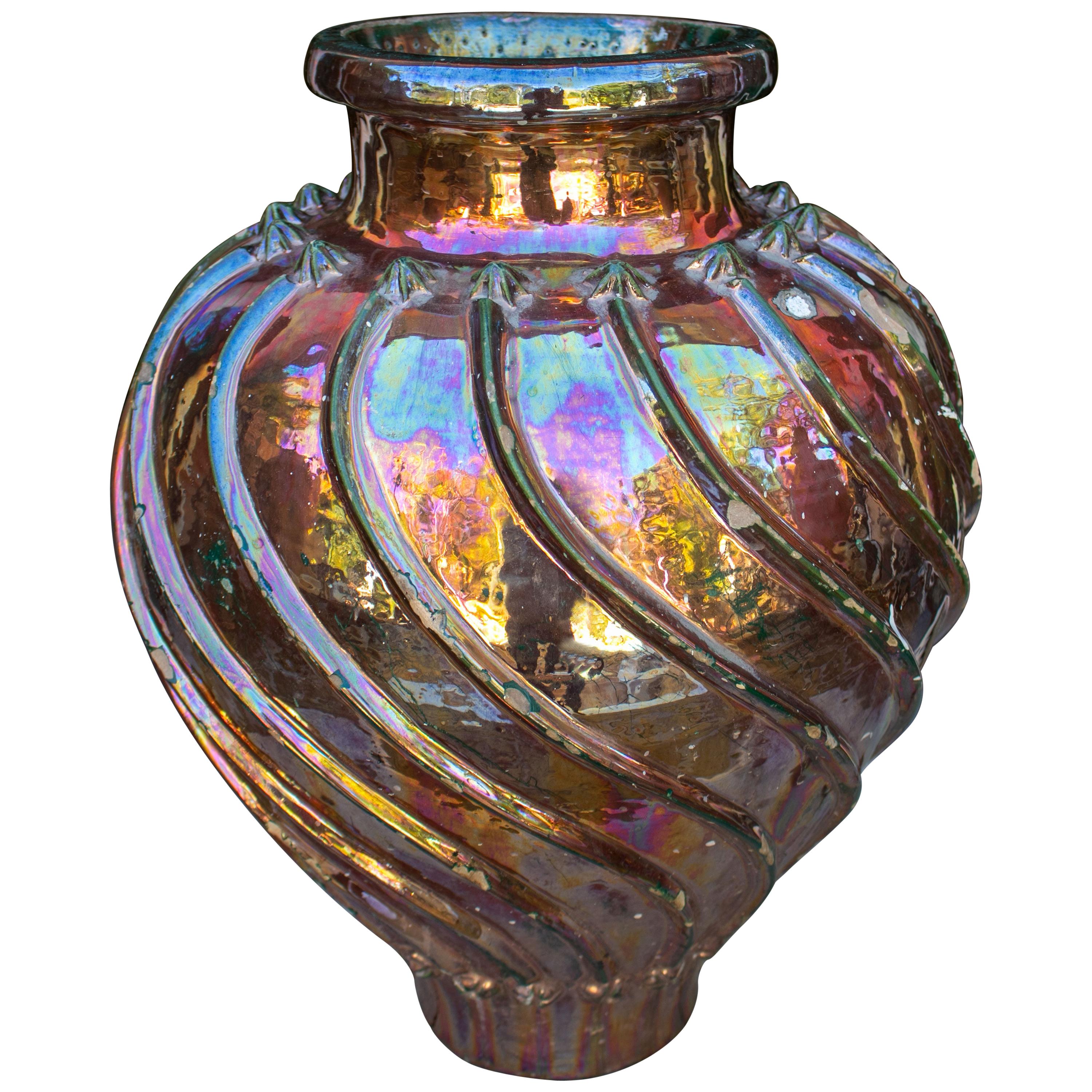 19th Century Spanish Triana Metallic-Glazed Ceramic Vase with Geometric Relief