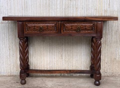 19th Century Spanish Tuscan Console Table with Two Drawers and Solomonic Legs