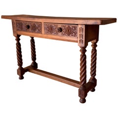 19th Century Spanish Tuscan Console Table with Two Drawers and Solomonic Legs