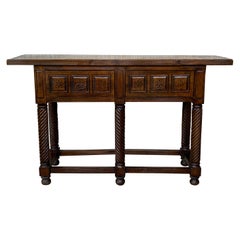 19th Century Spanish Tuscan Console Table with Two Drawers and Solomonic Legs