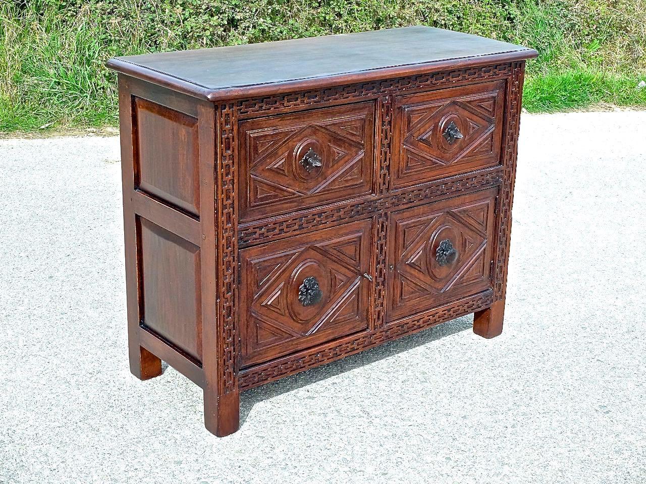 Renaissance Revival 19th Century Spanish Two-Door, Two-Drawer Walnut Credenza