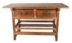 19th Century Spanish Two-Drawer Rustic Table with Iron Handles