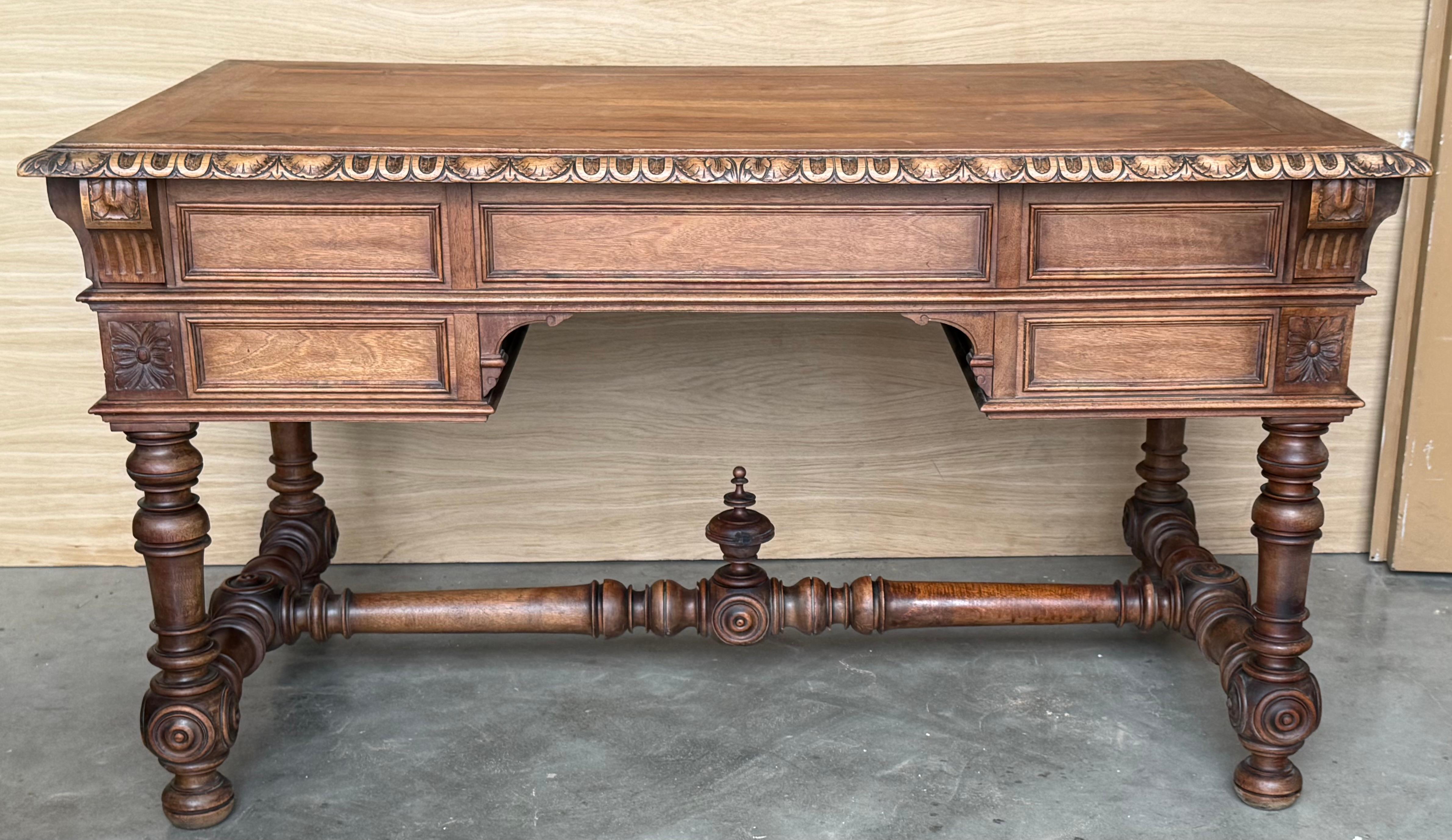 19th Century Spanish Two Faces Baroque Style Oak Library Table or Desk For Sale 8
