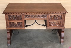 19th Century Spanish Two Faces Baroque Style Oak Library Table or Desk
